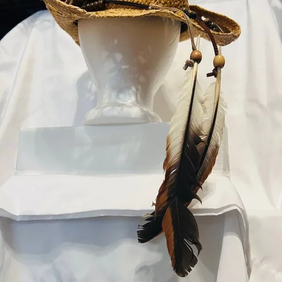 Peter Grimm Straw Cowboy Hat-Brown Beaded/Feathers-Country 